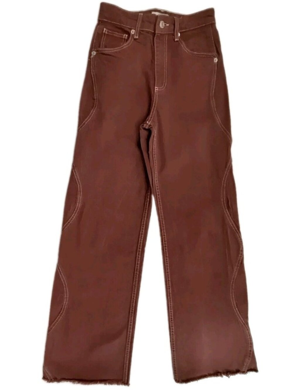 Zara Size 0 Wide Leg Denim Jeans Brown Washed Look With Twisted Seams
